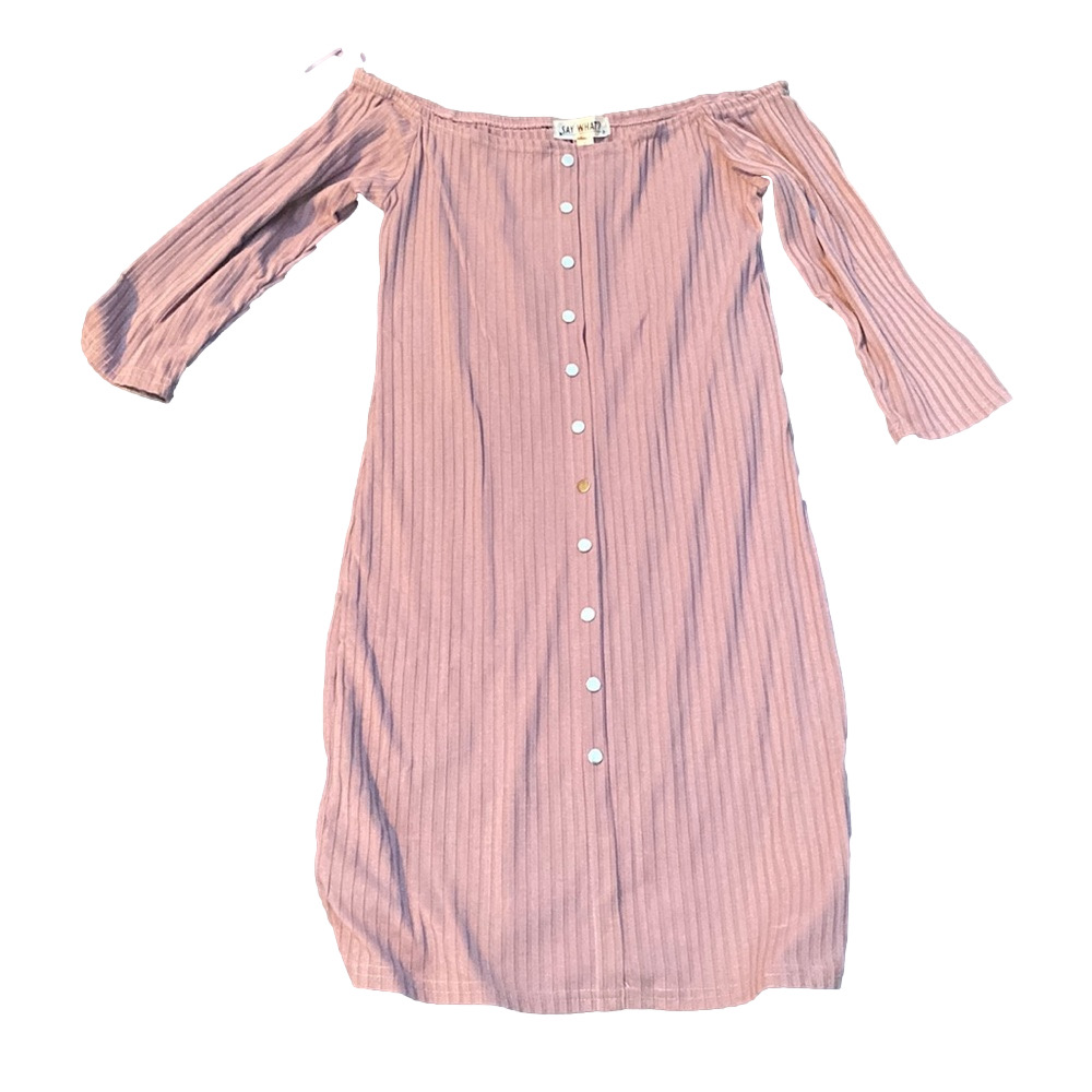 Say What Blush Pink Ribbed Off Shoulder Dress Button Front Bodycon SIZE L